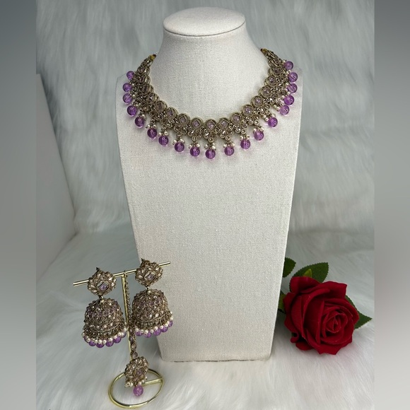 Beautiful Lavender Gold Polki Necklace With Jhumka & Tikka Set - Picture 2 of 10